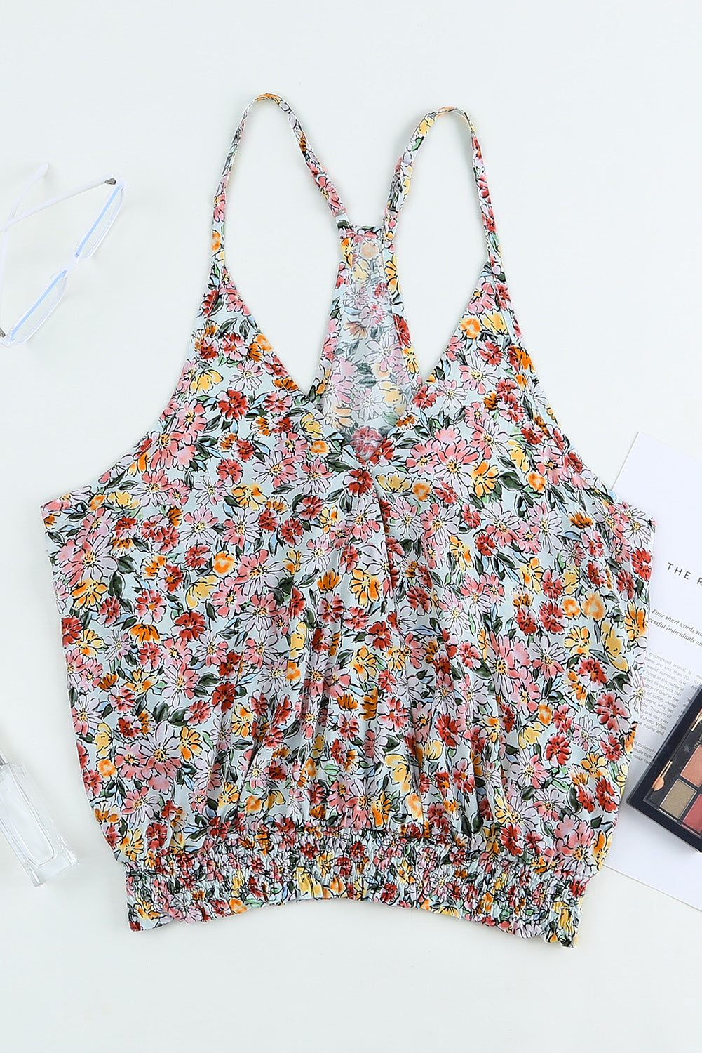 Mehrfarbiges Top mit V-Ausschnitt und Blumenmuster