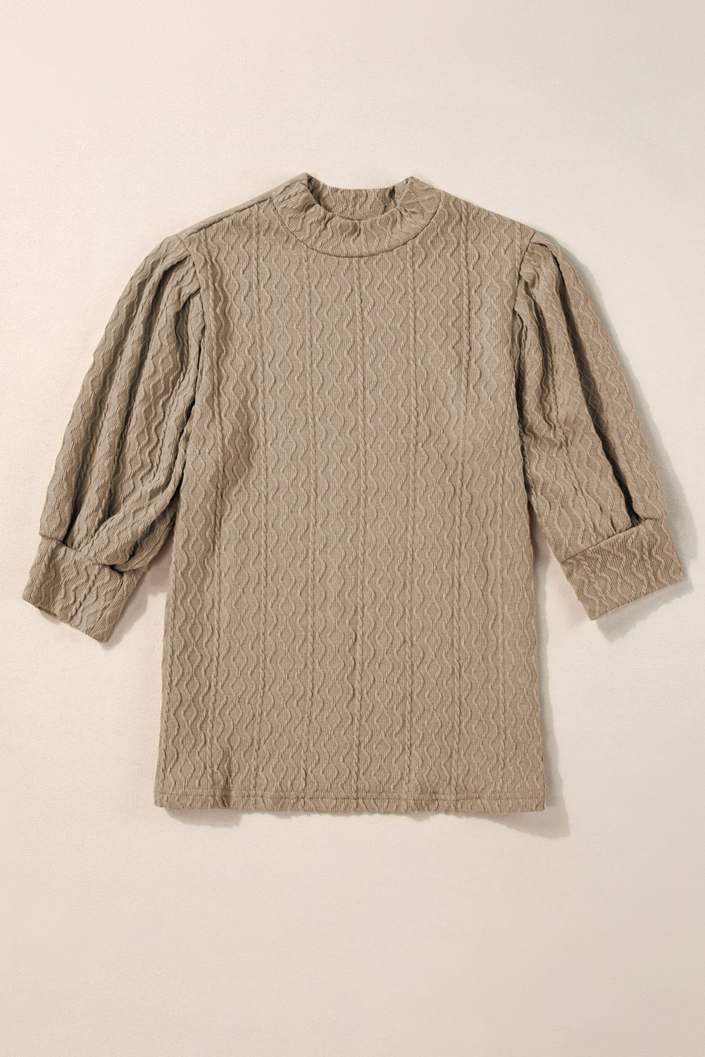 Simply Taupe – Strukturiertes Vintage-Oberteil mit Stehkragen und Puffärmeln