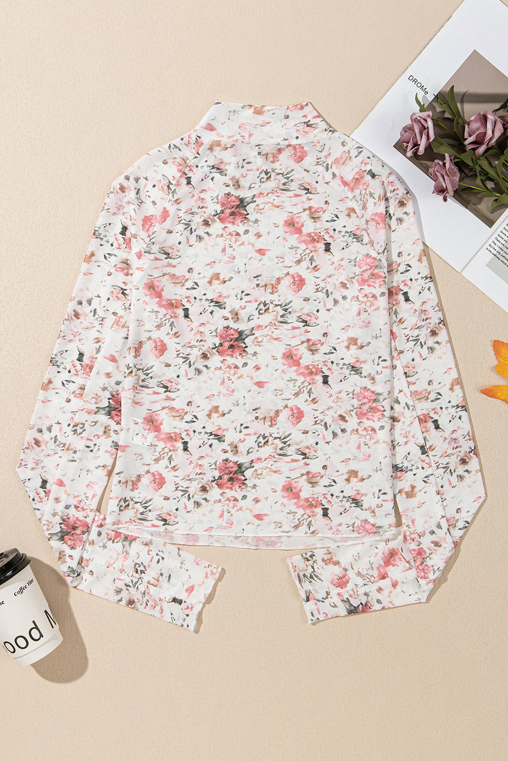 Pink Floral Print Mesh Mock Neck Slim