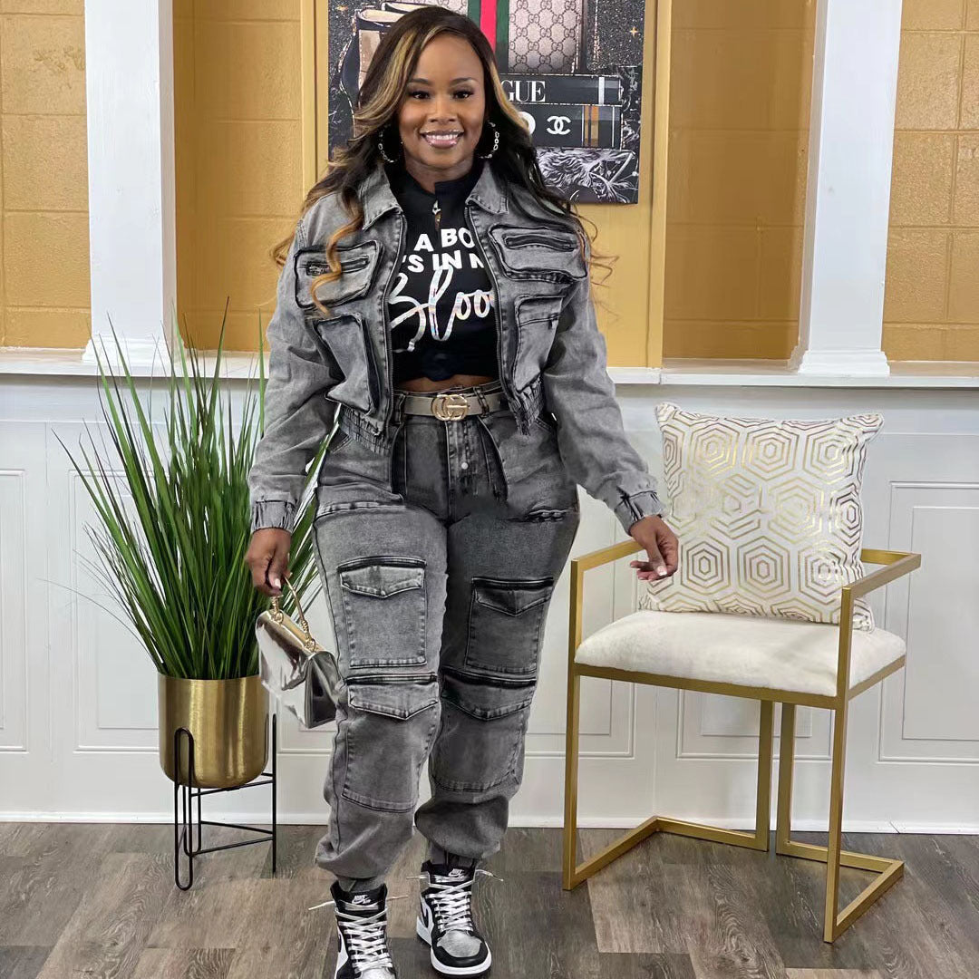 Fashion Stretchy Multi-pocket Washed Denim Sets