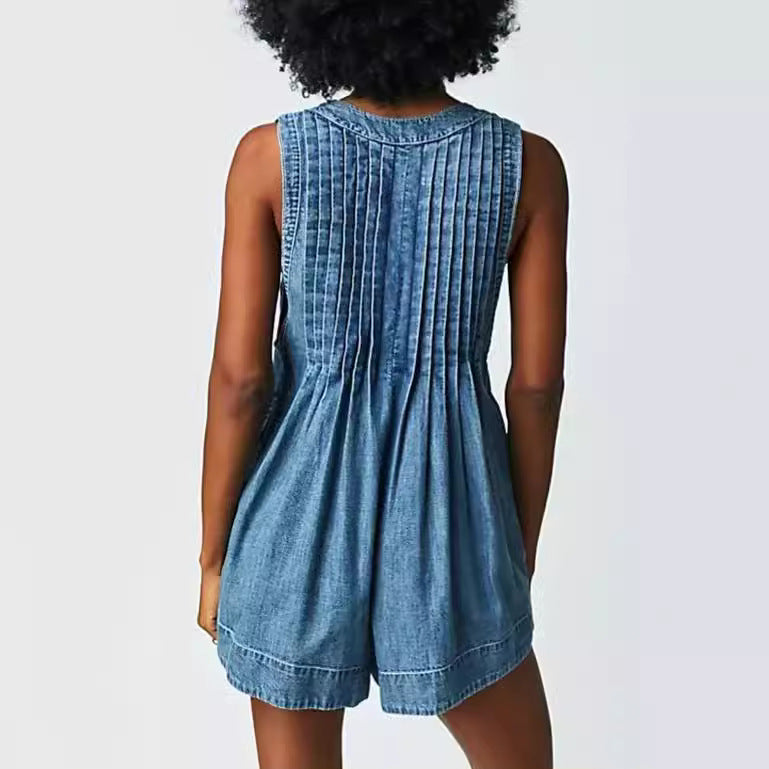 V-neck Denim Shorts Jumpsuit With Pockets Loose Beach Pants