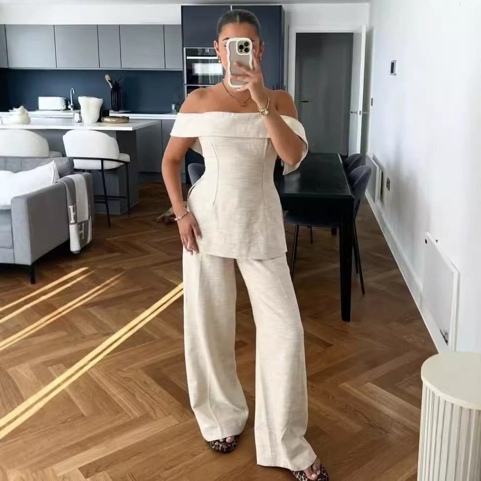 Side Slit Off-the-shoulder Pants Suit