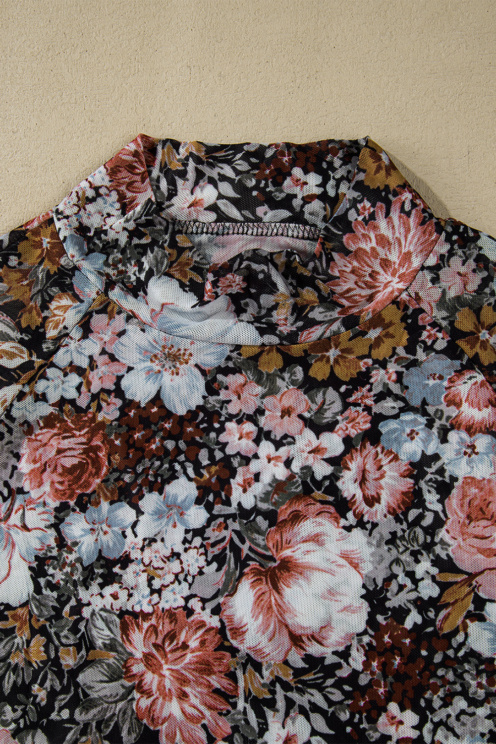 Pink Floral Print Mesh Mock Neck Slim