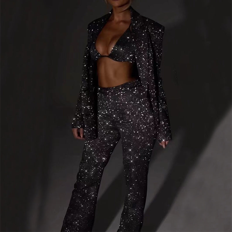 3pcs Pant Suit With Bra Shiny set For Women