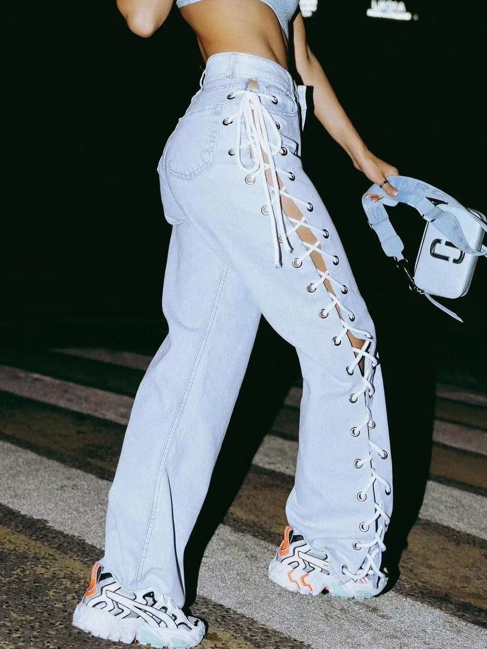 Cotton Side Casual Fashionable Wide Leg Denim Pants