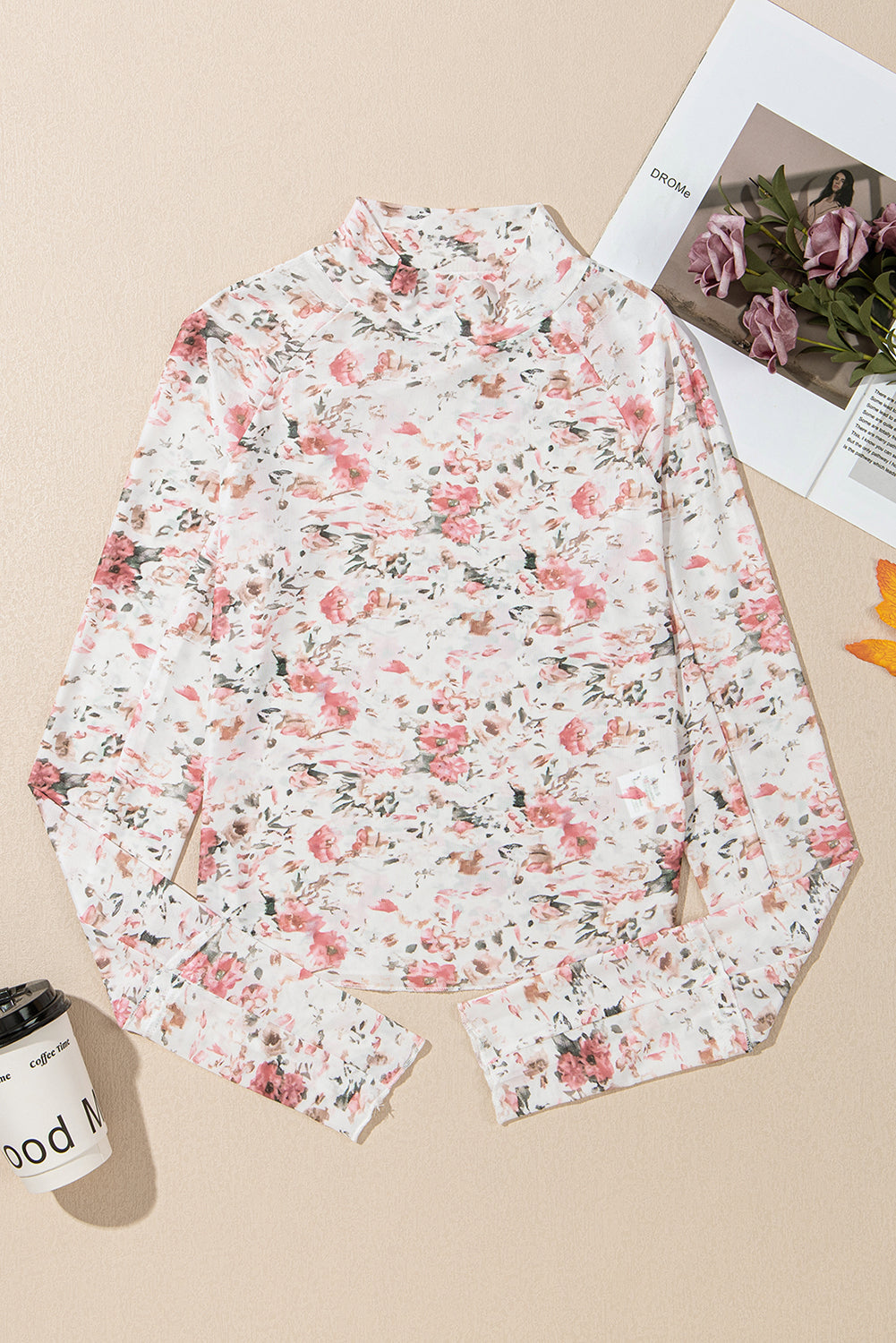 Pink Floral Print Mesh Mock Neck Slim