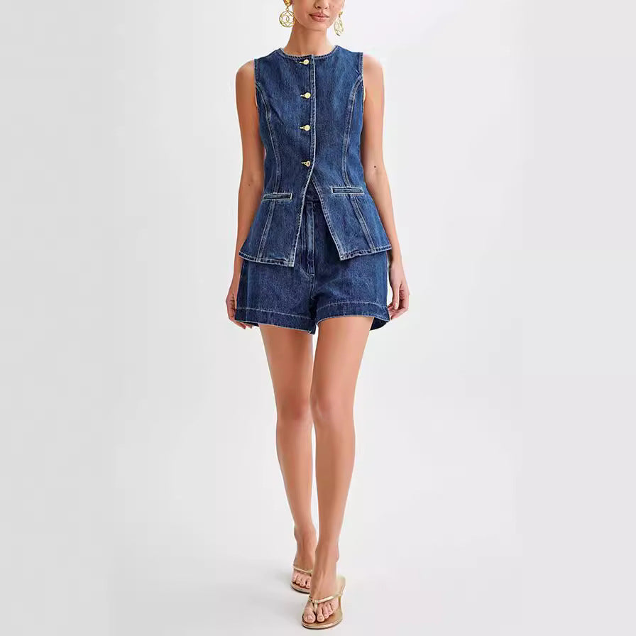 Fashion Denim Suit Casual Button Vest and High Waist Shorts Set