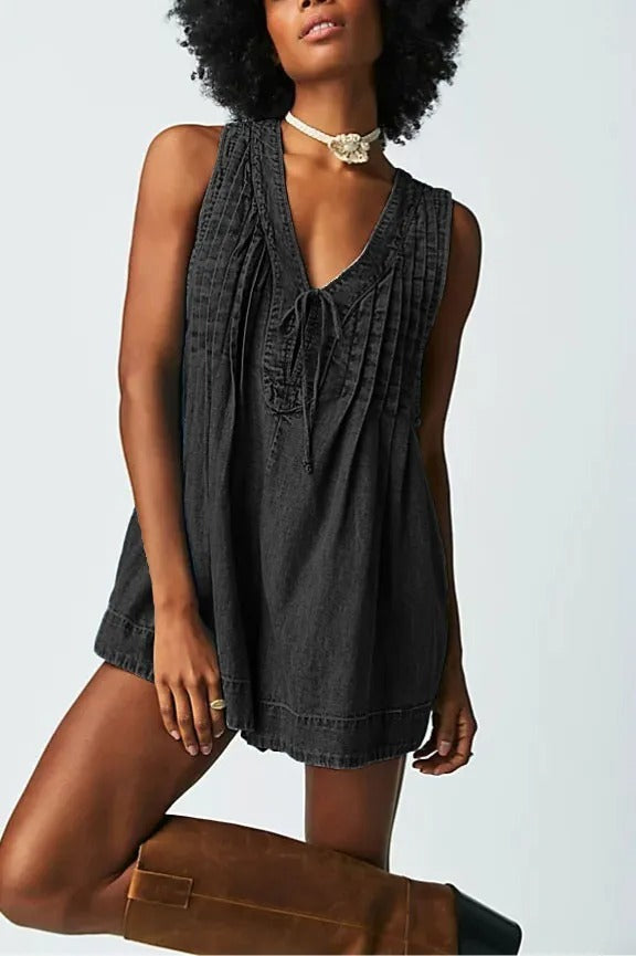 V-neck Denim Shorts Jumpsuit With Pockets Loose Beach Pants