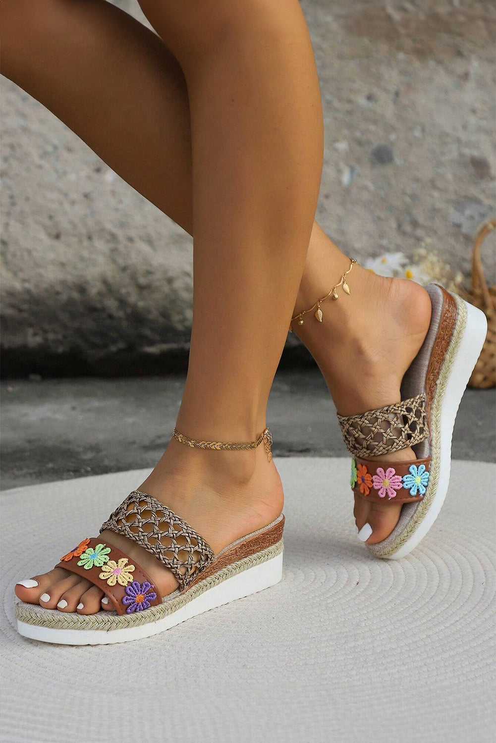 White Floral Wedge Slippers