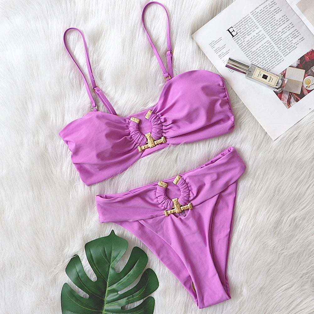 Solid Color with Metal Accessories Swimsuit