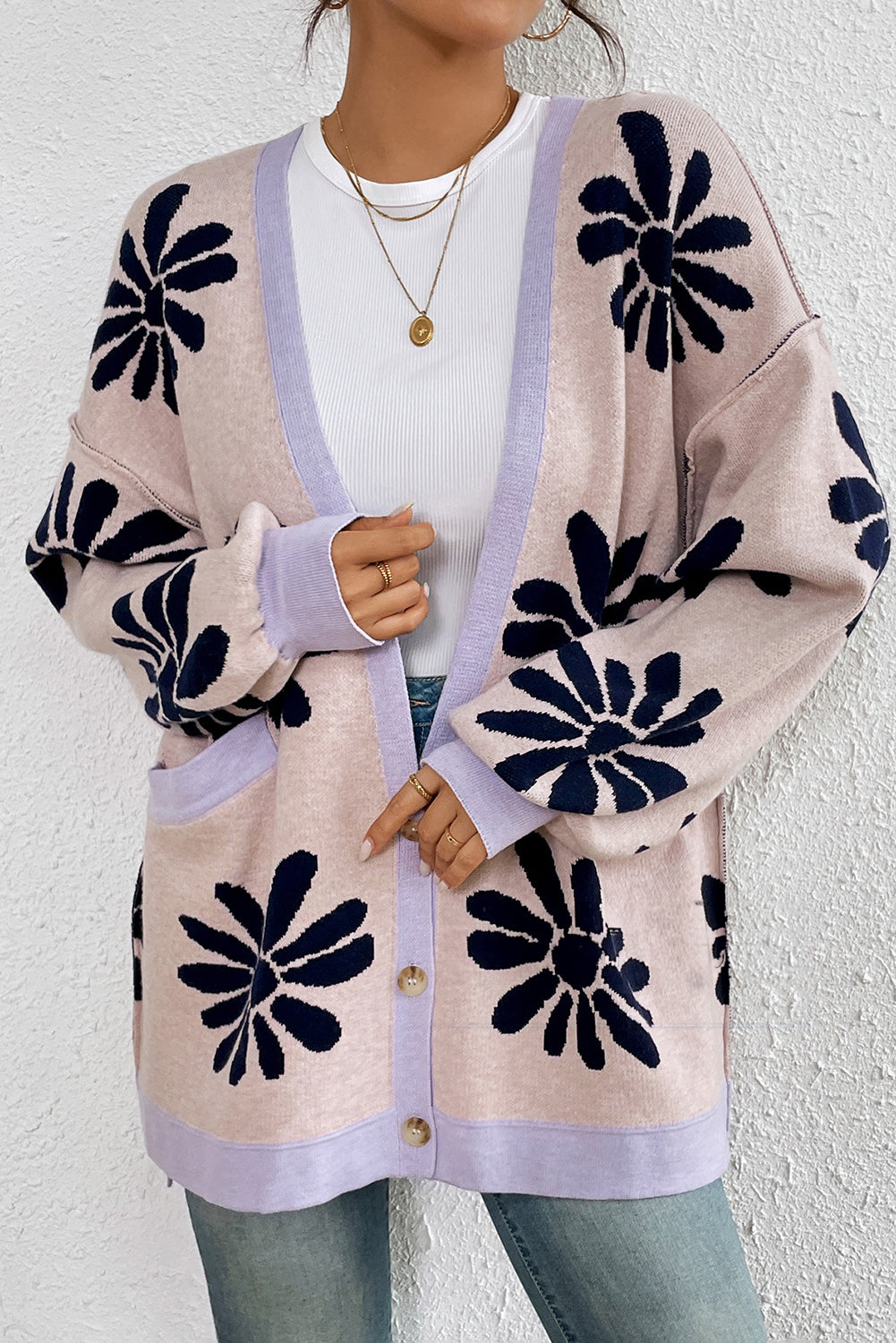 Pink Floral Side Pockets Knit Cardigan
