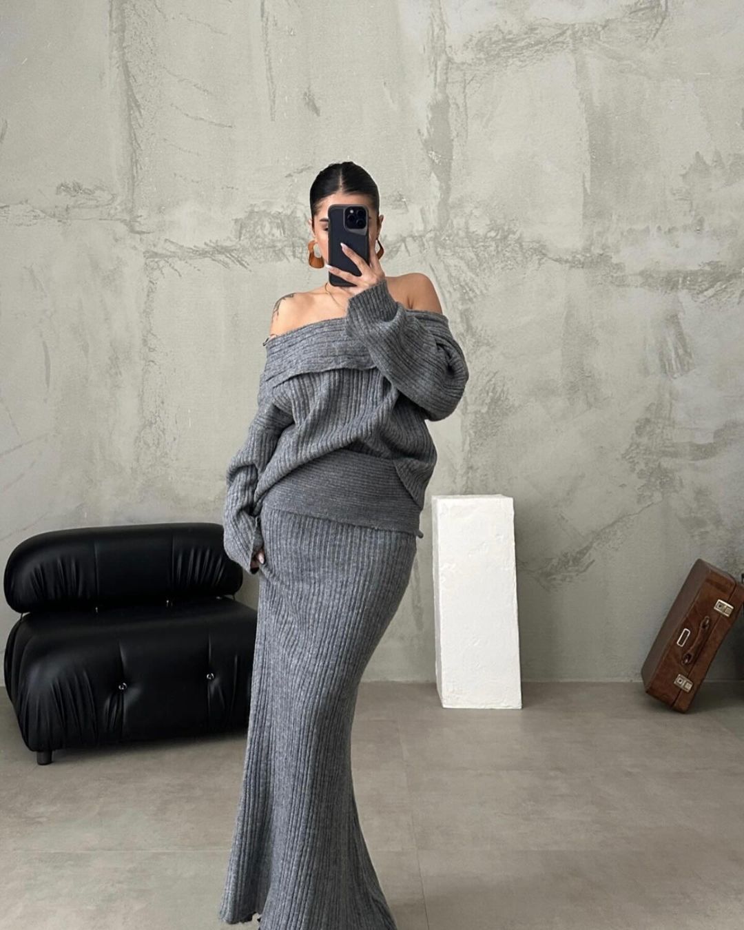 Elegant Off Shoulder Sweater Pullover Knitted Two Piece