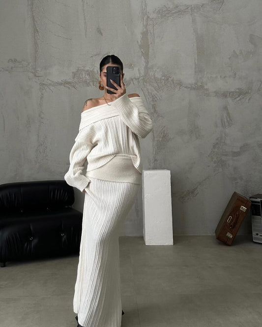 Elegant Off Shoulder Sweater Pullover Knitted Two Piece