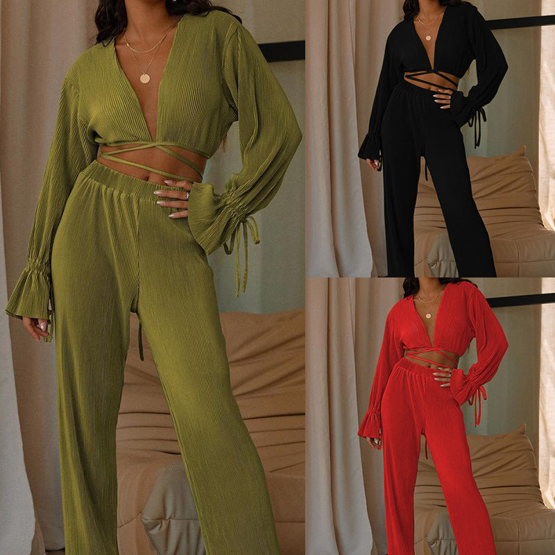 Trousers Solid Color And V-neck Fashion Sets