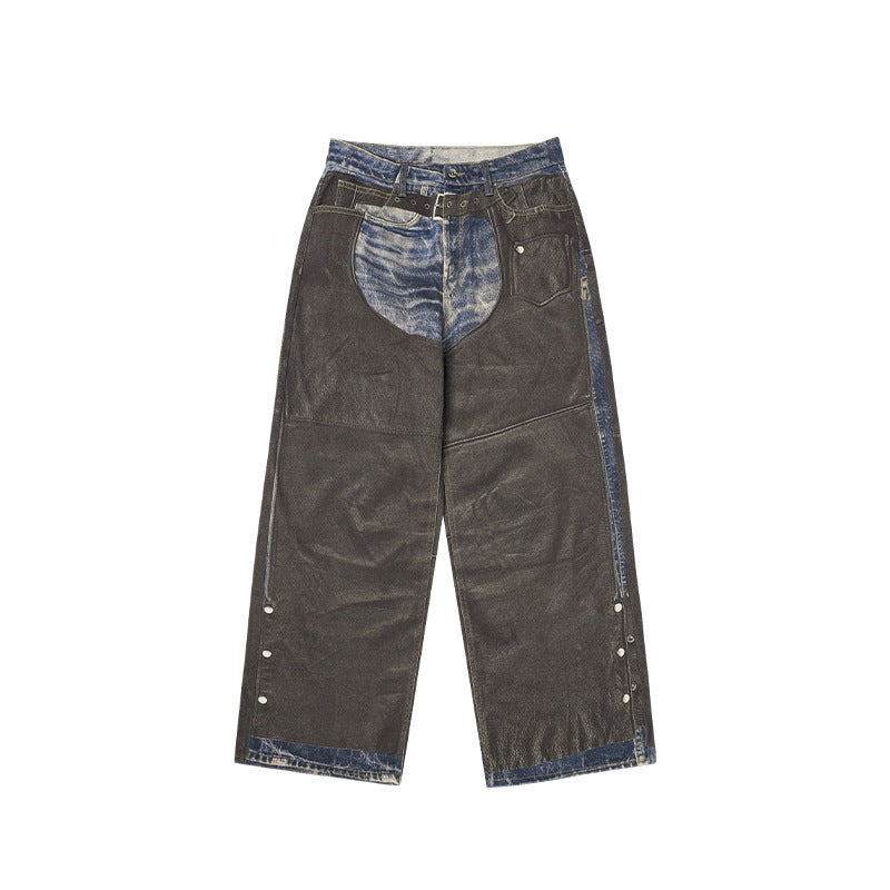 Leder Patchwork Digitaldruck Jeans Marke Wide Leg Jeans