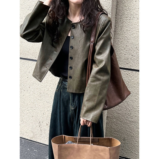 Vintage round neck leather jacket