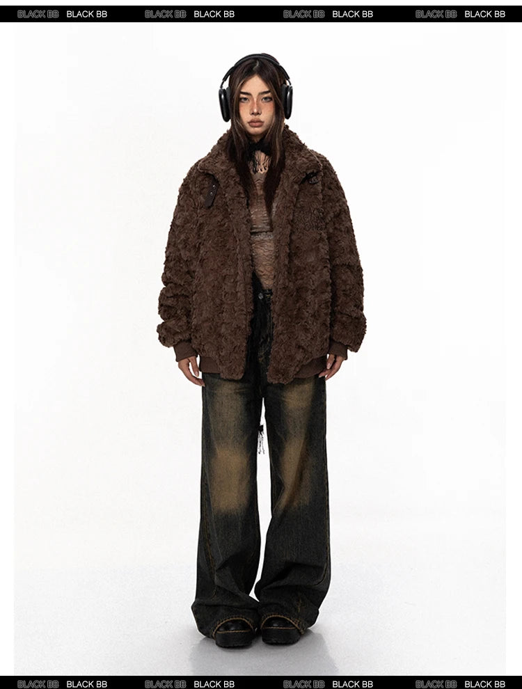 Belt Buckle Stand Collar Lamb Wool Coat
