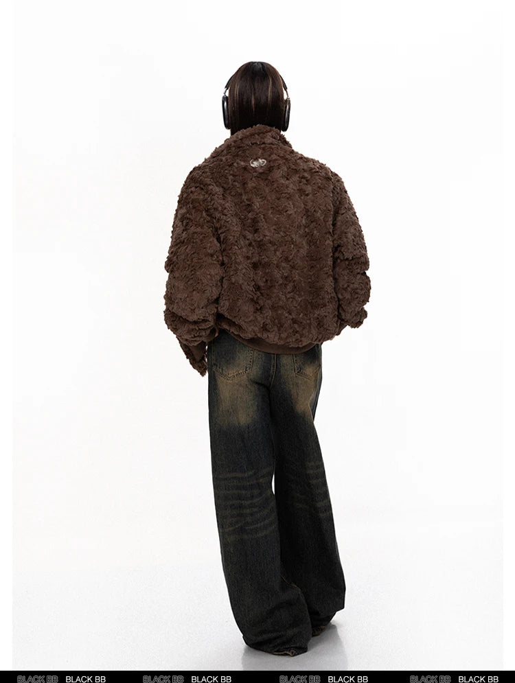 Belt Buckle Stand Collar Lamb Wool Coat