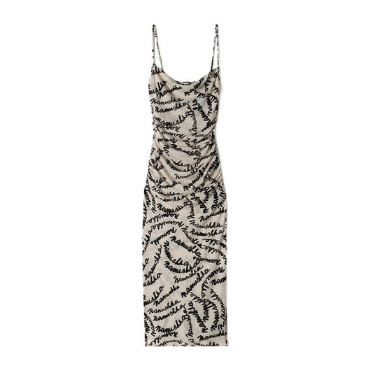 Letter Logo Printing Slip Dress Slim Waist Stretch Midi Dress