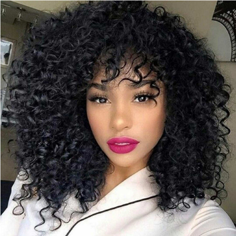Short Curly Hair Female Wigs, Fluffy Small Curly Bangs