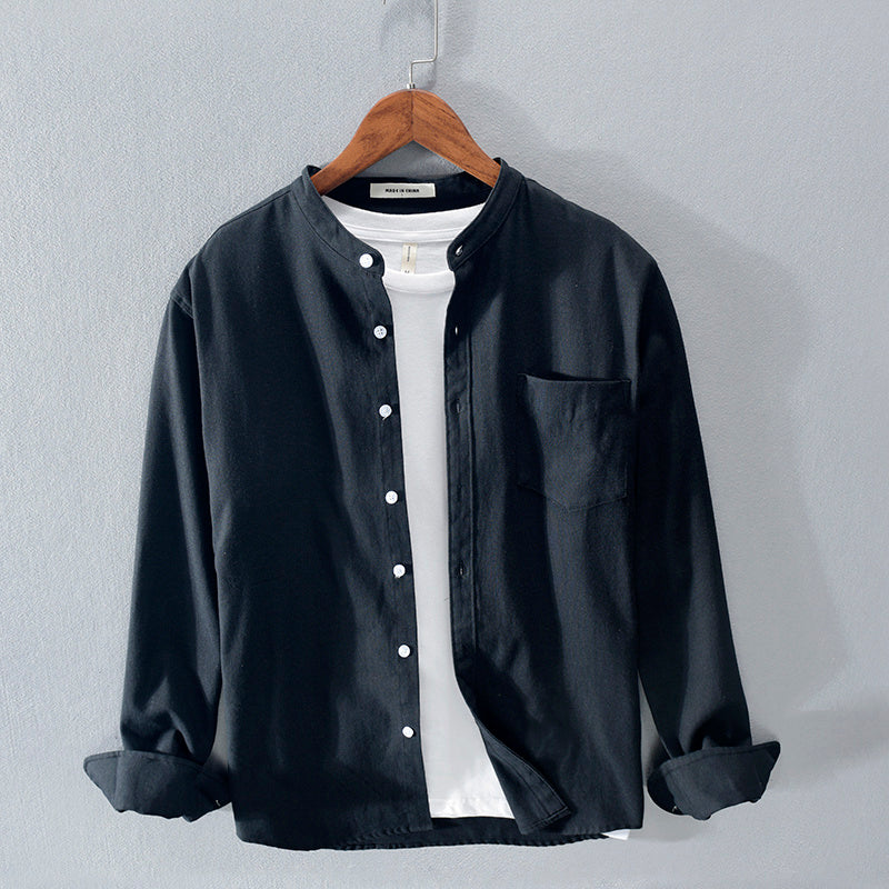 Stand-Up Collar Solid Cotton Shirt