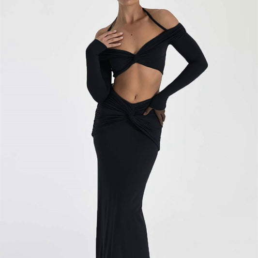 Sexy Bow Wrap Skirt Sets With Back Slit