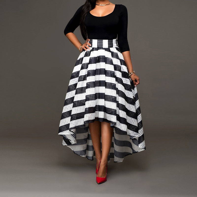 Two-piece suit skirt long-sleeved shirt and striped skirt