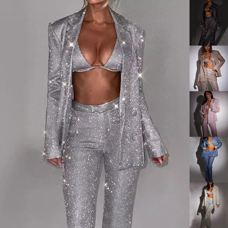 3pcs Pant Suit With Bra Shiny set For Women