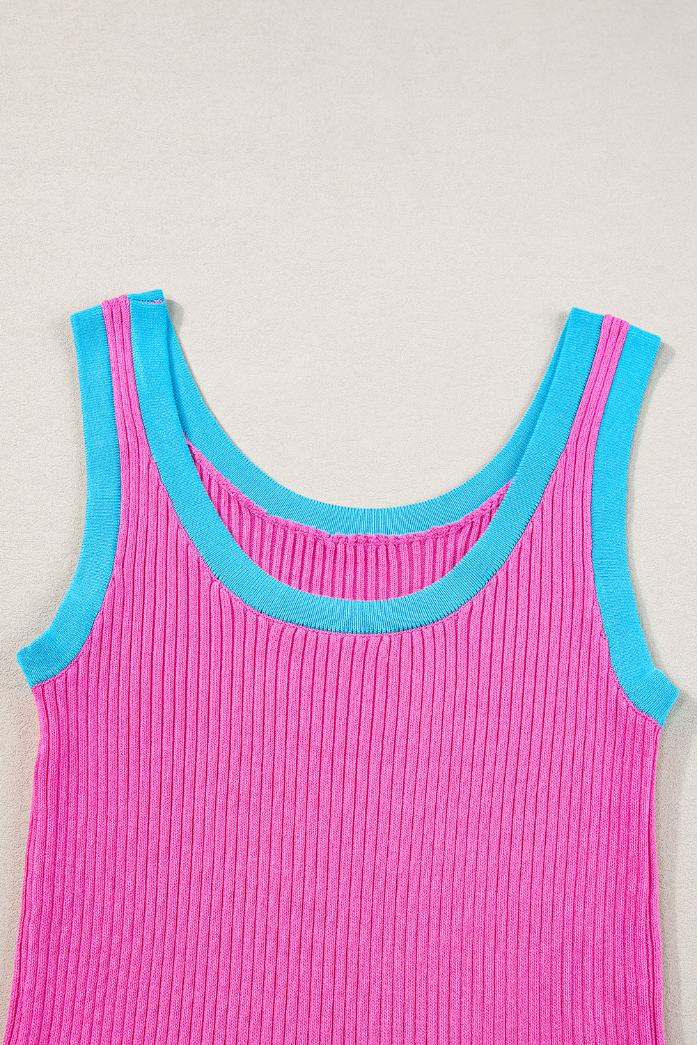 Bright Pink Colorblock Edge Ribbed Knit Tank Top