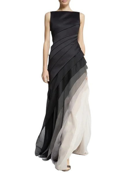 Gauze dress, multi-layer heavy industry dress, high waisted long dress, solid black temperament, commuting dress