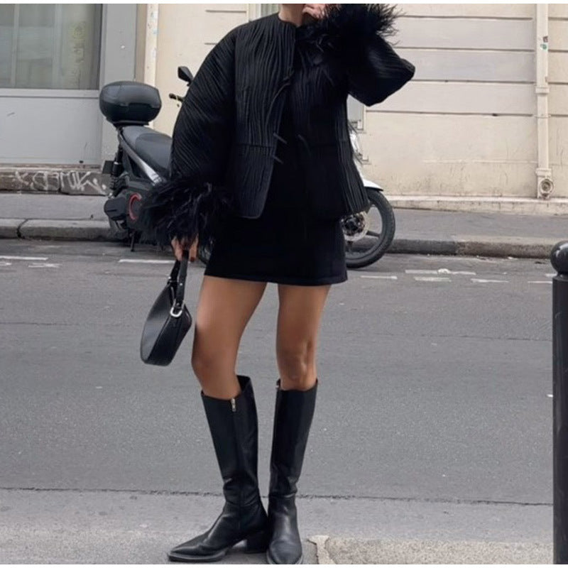 Solid color lace up feather jacket