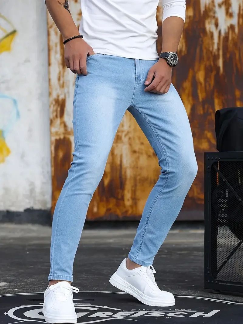 Pantalones de hombre Vaqueros elásticos con cremallera y lavado retro