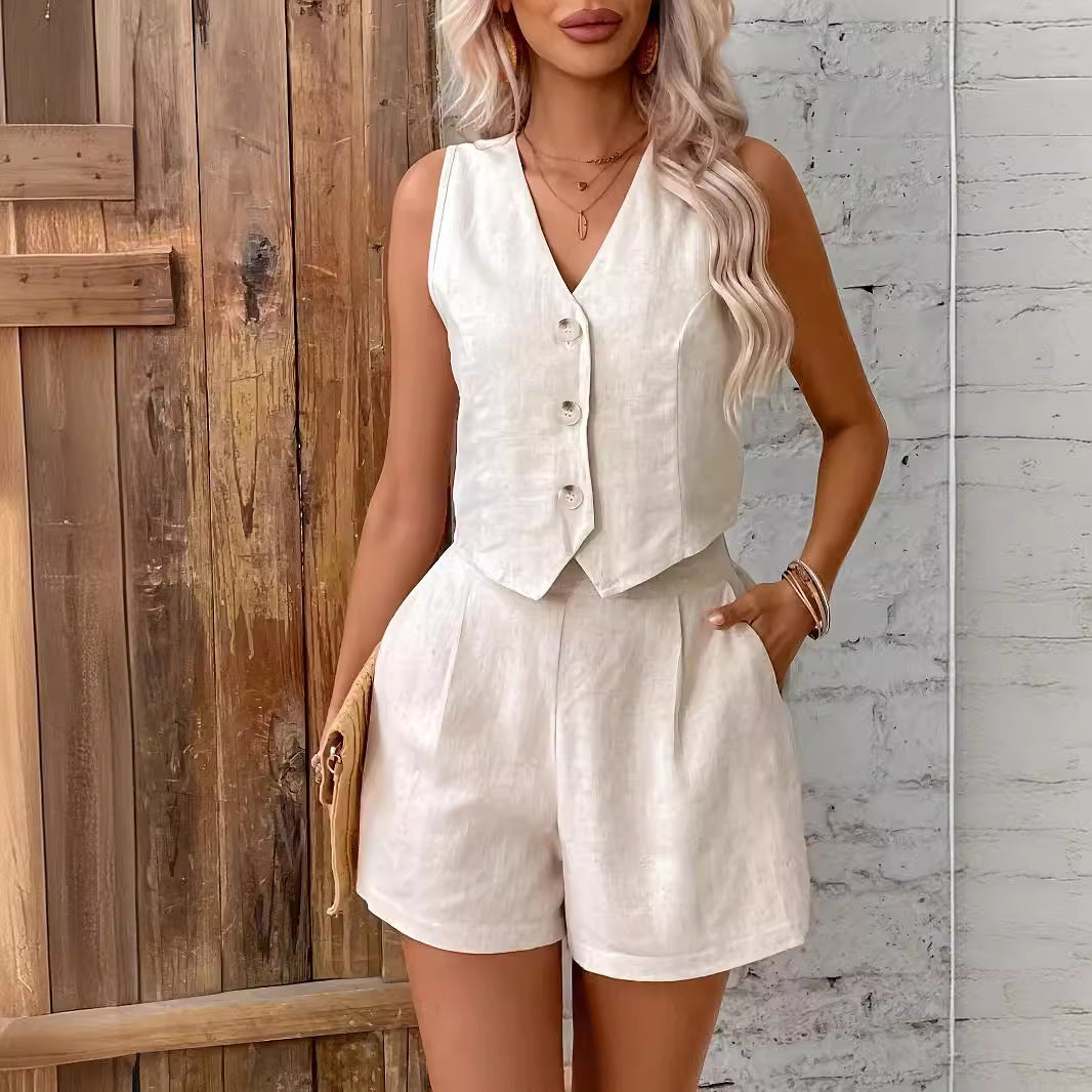 French Style Solid Color Casual Vest Shorts Set