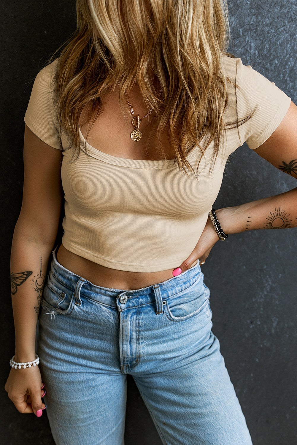 Beige Ribbed Knit Crop Top