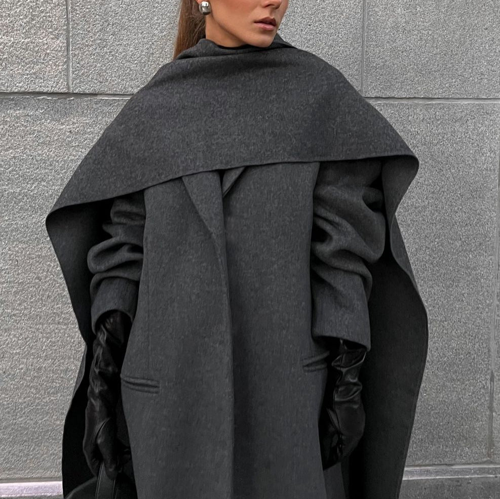 Scarf colla coat cloak long vintage coat gray fashion jacket