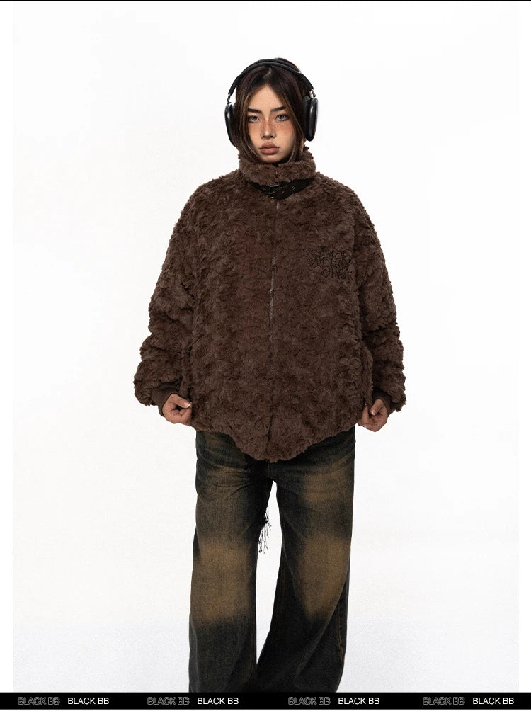Belt Buckle Stand Collar Lamb Wool Coat
