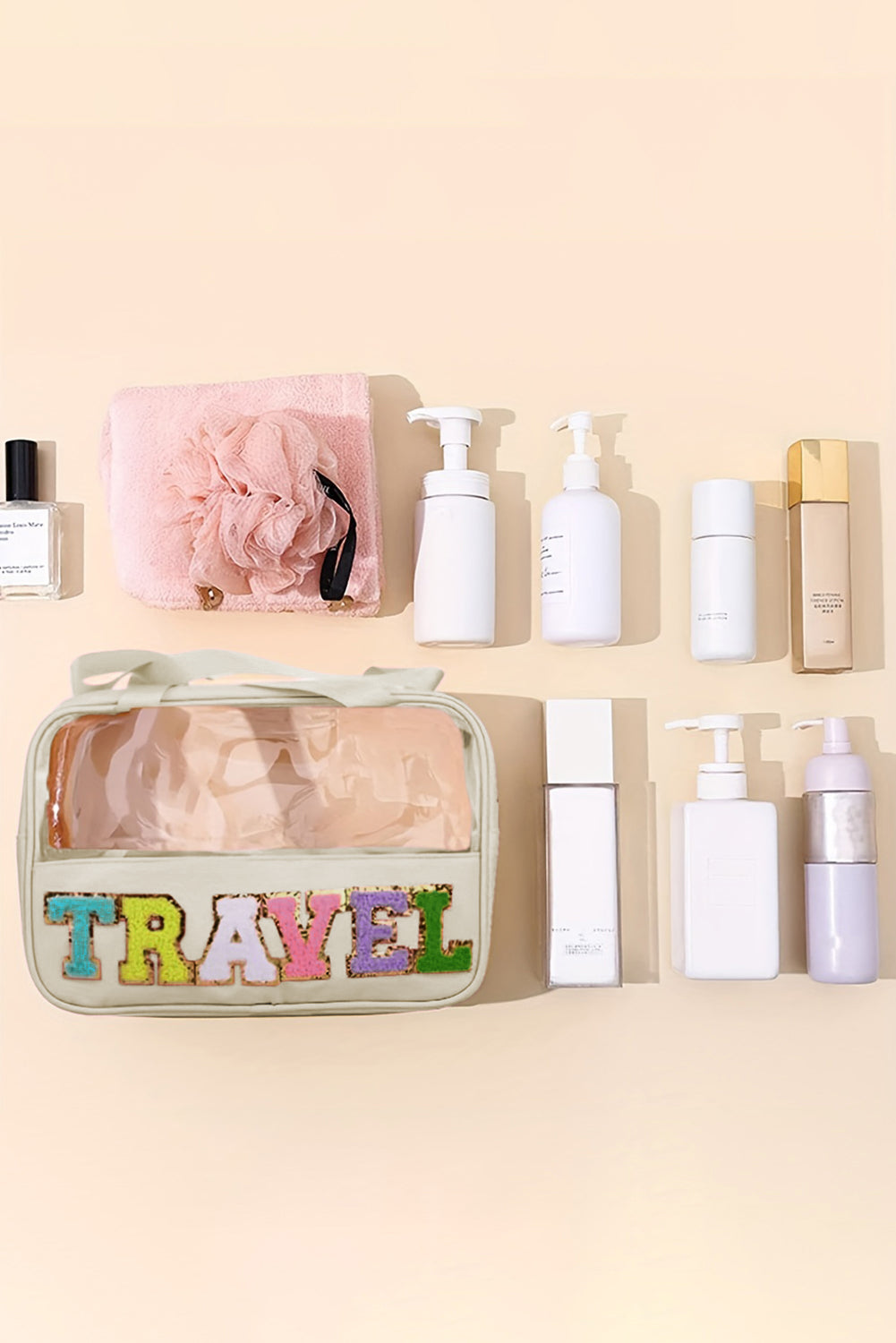 Bolsa de maquillaje transparente de viaje con diseño de pergamino