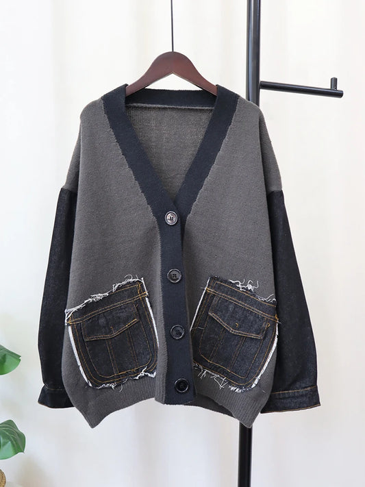Streetwear Denim Pocket Spliced Sweater Coat