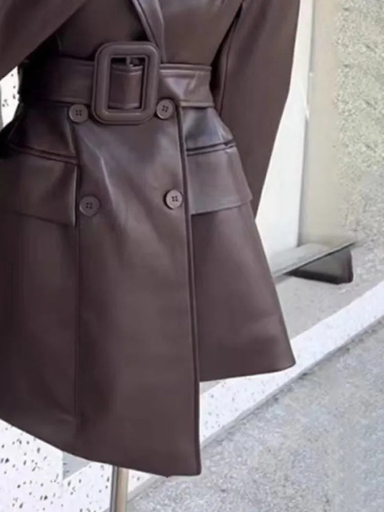 Coffee PU Leather Jacket With Belt Office Lady Coat