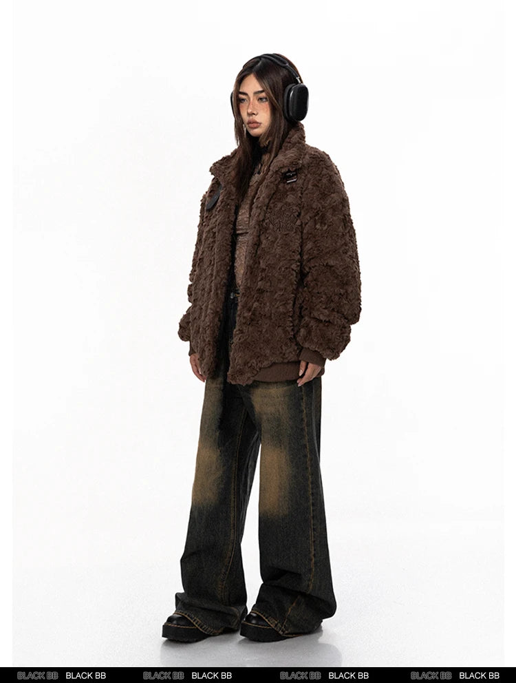 Belt Buckle Stand Collar Lamb Wool Coat