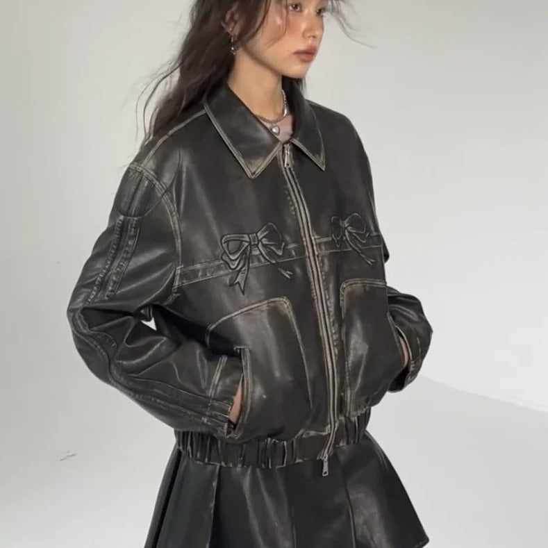 Leather Jacket Personalized Street Sweet Cool Bow