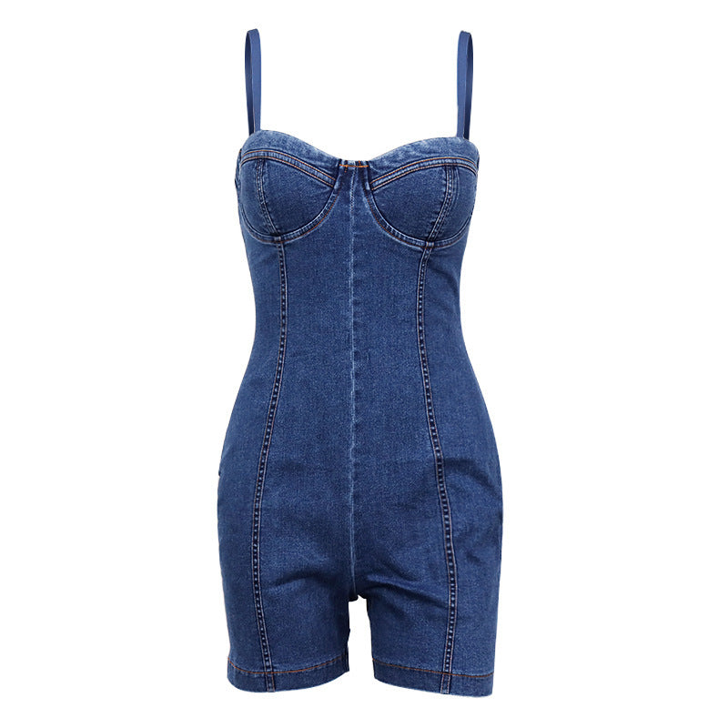 Tube Top Suspender Denim Jumpsuit