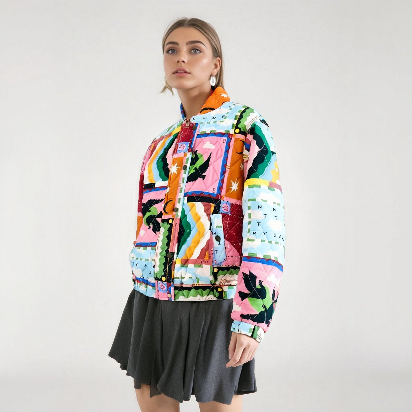 Graffiti print lapel single breasted loose cotton jacket for women