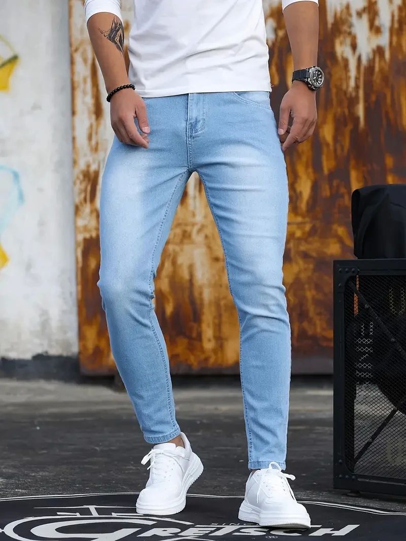 Pantalones de hombre Vaqueros elásticos con cremallera y lavado retro