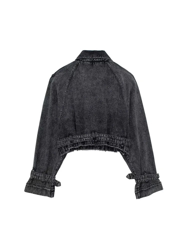 Woman Cropped Denim Jacket With Belt Jean