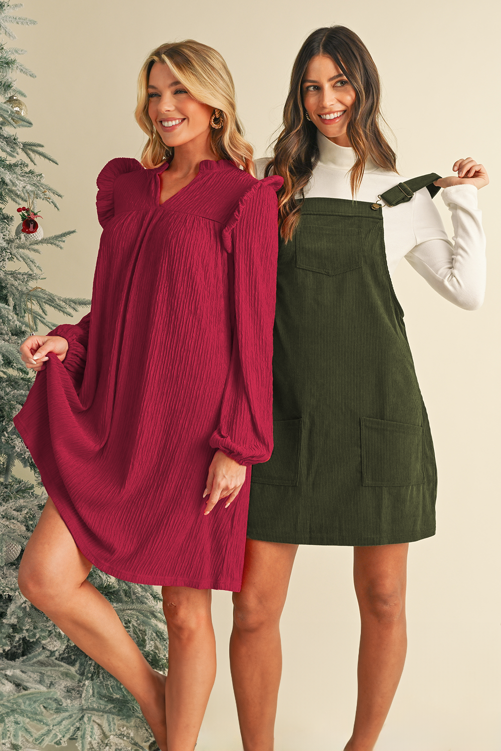 Vestido tipo peto de pana color canela con bolsillos delanteros