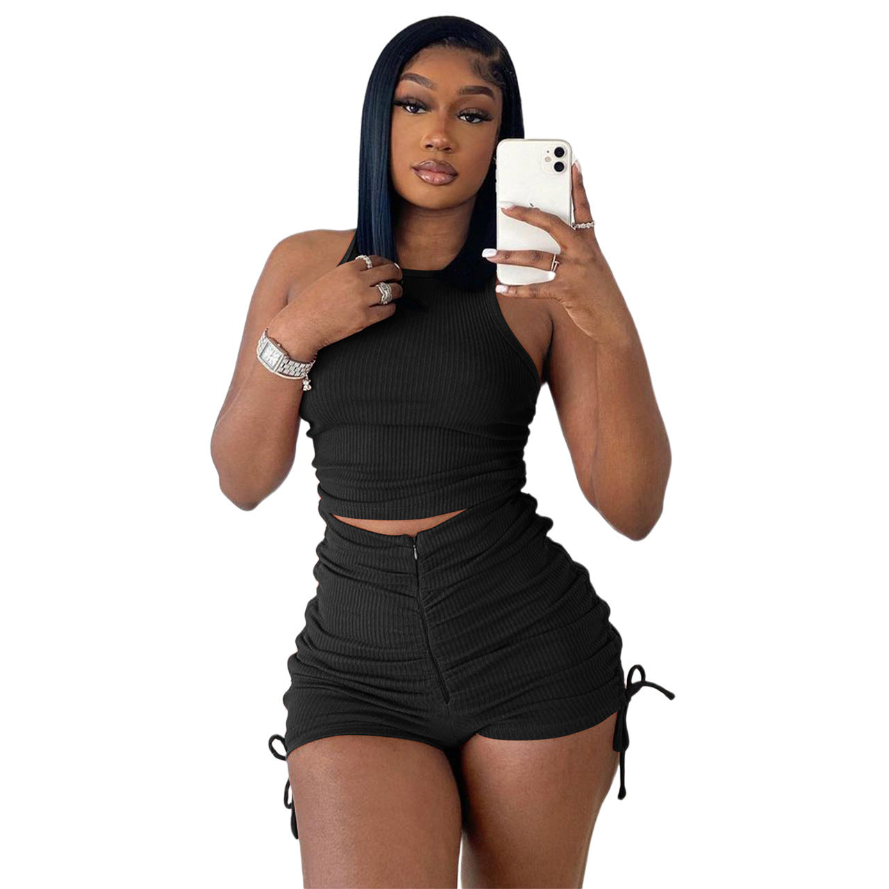 Front-Zip shorts Tank Top Two-piece Set