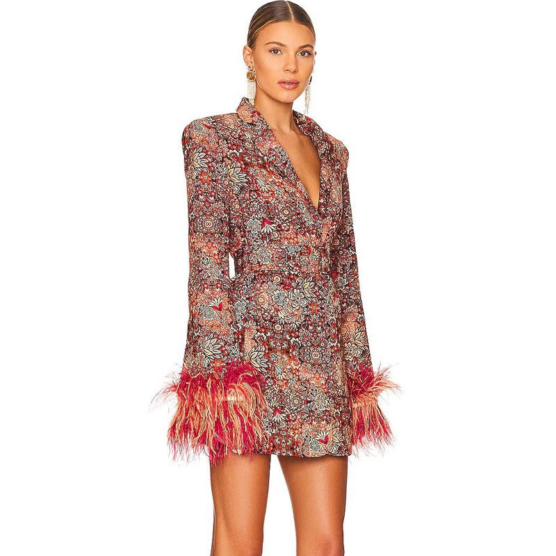 V-neck floral dress with decorative feathers at cuffs, elegant dress