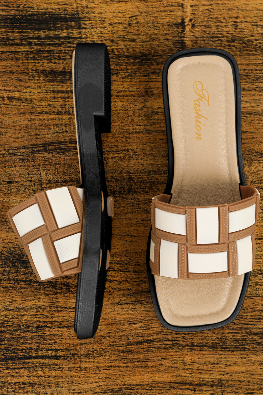 Beige Leather Square Toe Slippers