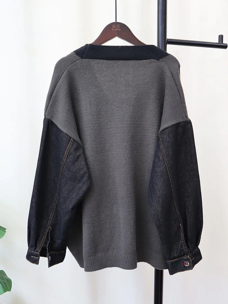 Streetwear Denim Pocket Spliced Sweater Coat